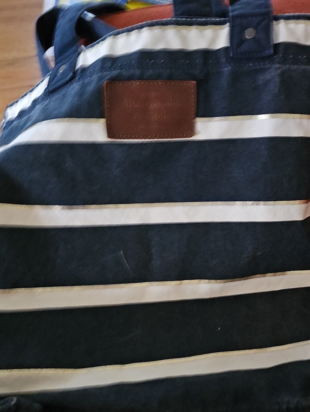 Abercrombie And Fitch Striped Navy & White Canvas Tote with Leather Patch .